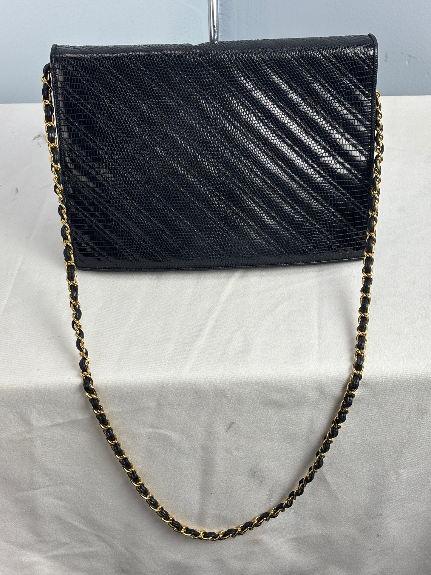 👜 Charles Jourdan Paris Black Embossed Leather Chain Strap Bag – Made in Italy – Vintage Designer