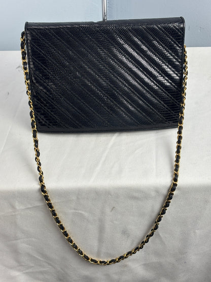 👜 Charles Jourdan Paris Black Embossed Leather Chain Strap Bag – Made in Italy – Vintage Designer