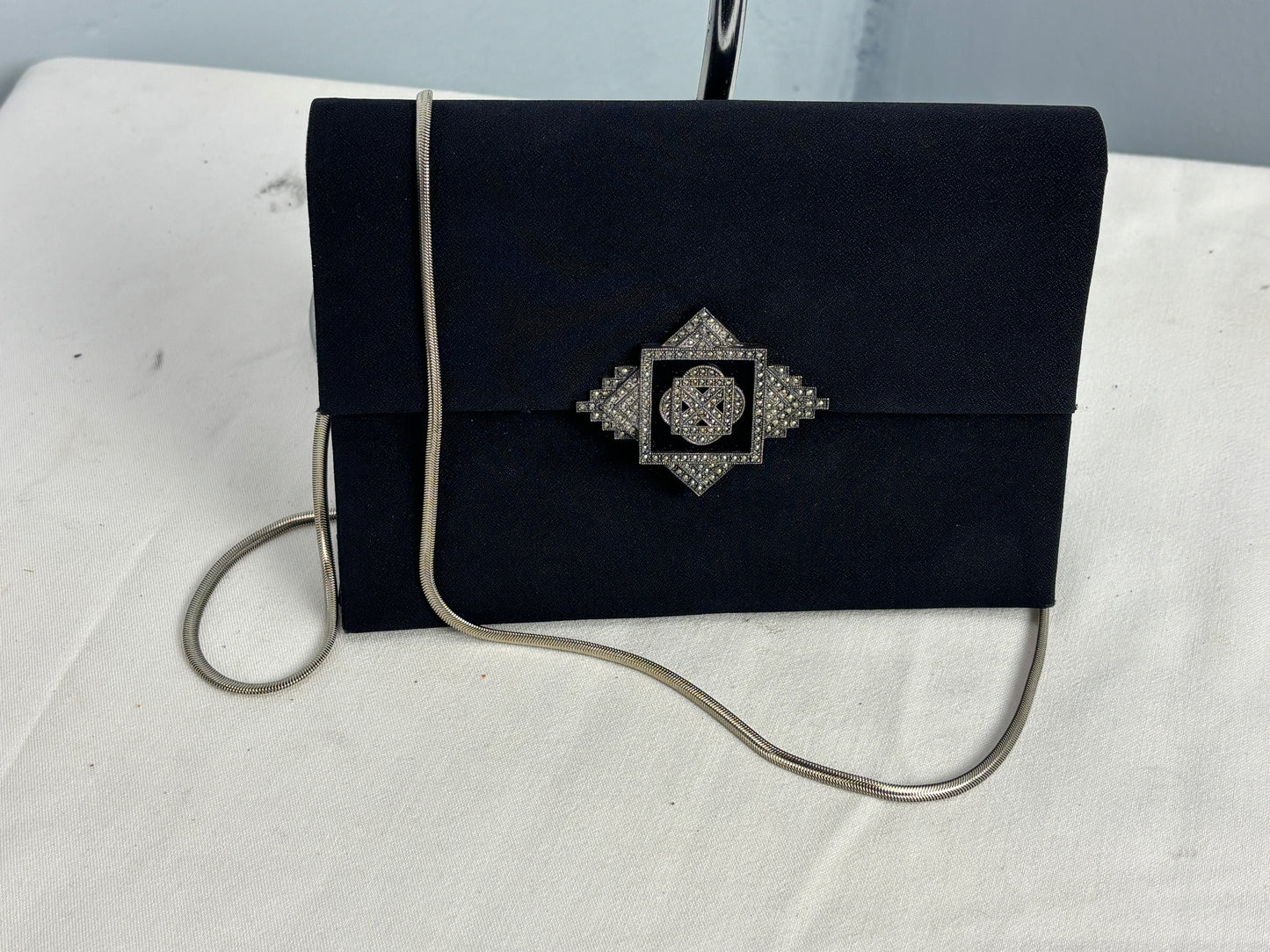 👜 Judith Jack Black Satin Evening Clutch – Marcasite-Style Clasp – Made in Italy w/ Dust Bag