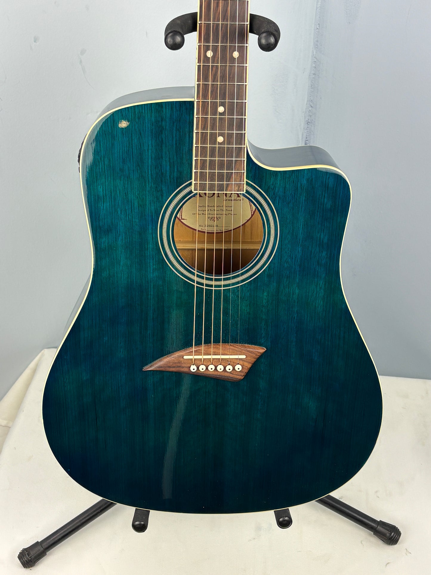 Kona Acoustic-Electric Cutaway Guitar – Transparent Blue – Built-In Tuner & EQ